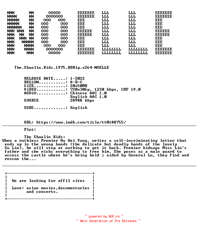 NFO for the release The.Shaolin.Kids.1975.iNTERNAL.BDRip.x264-NOELLE by NOELLE