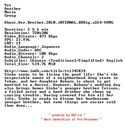 NFO for the release About.Her.Brother.2010.iNTERNAL.BDRip.x264-YAMG by YAMG