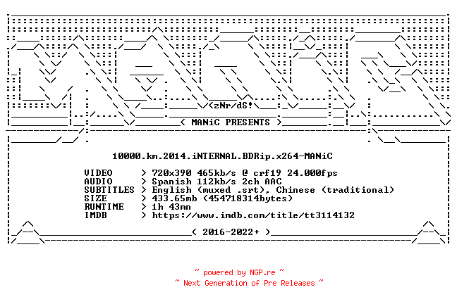 NFO for the release 10000.km.2014.iNTERNAL.BDRip.x264-MANiC by MANiC