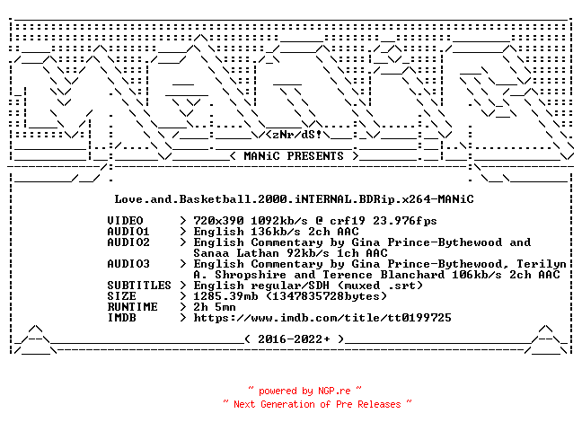 NFO for the release Love.and.Basketball.2000.iNTERNAL.BDRip.x264-MANiC by MANiC