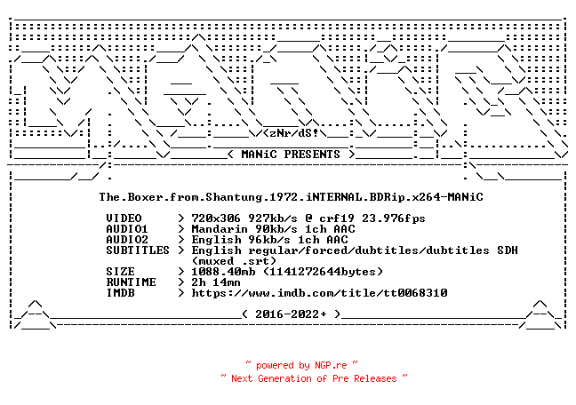 NFO for the release The.Boxer.from.Shantung.1972.iNTERNAL.BDRip.x264-MANiC by MANiC