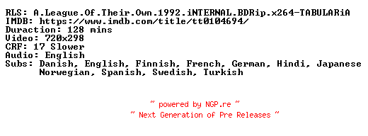 NFO for the release A.League.Of.Their.Own.1992.iNTERNAL.BDRip.x264-TABULARiA by TABULARiA