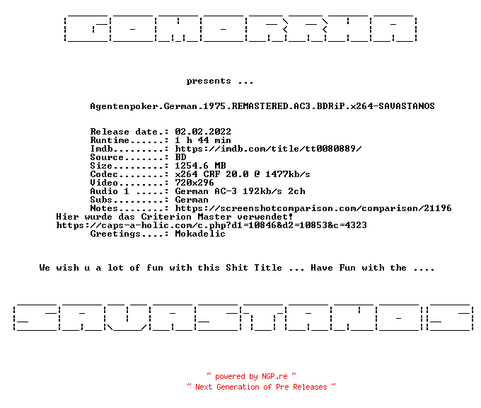 NFO for the release Agentenpoker.German.1980.REMASTERED.AC3.BDRiP.x264-SAVASTANOS by SAVASTANOS