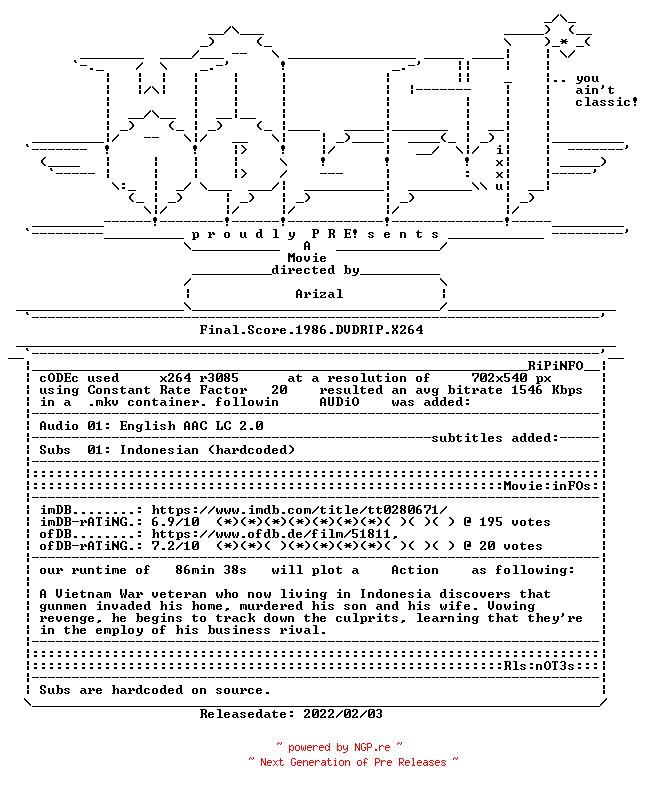 NFO for the release Final.Score.1986.DVDRIP.X264-WATCHABLE by WATCHABLE