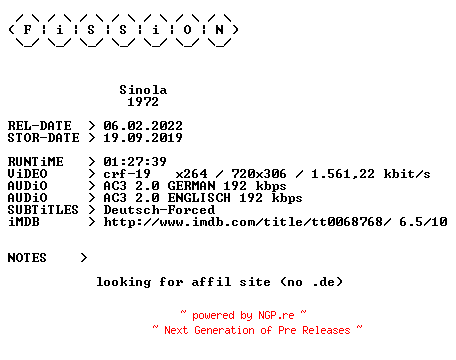 NFO for the release Sinola.German.1972.REMASTERED.DL.BDRiP.x264-FiSSiON by FiSSiON