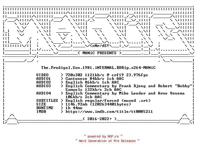 NFO for the release The.Prodigal.Son.1981.iNTERNAL.BDRip.x264-MANiC by MANiC