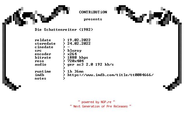 NFO for the release Die.Schattenreiter.1982.German.BDRip.x264-CONTRiBUTiON by CONTRiBUTiON