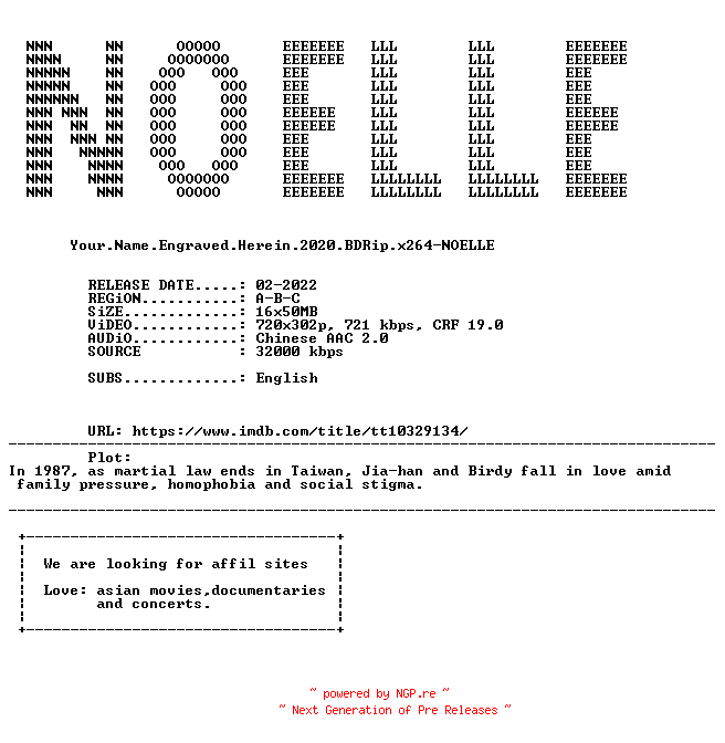 NFO for the release Your.Name.Engraved.Herein.2020.BDRip.x264-NOELLE by NOELLE