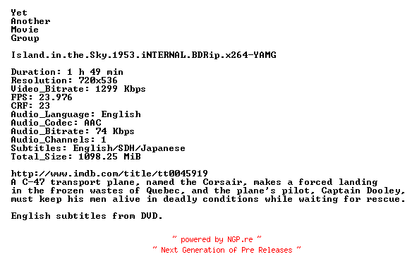 NFO for the release Island.in.the.Sky.1953.iNTERNAL.BDRip.x264-YAMG by YAMG