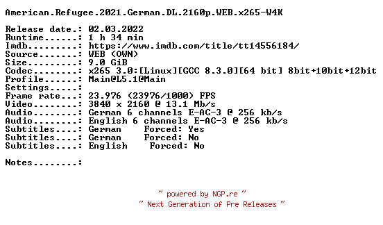 NFO for the release American.Refugee.2021.German.DL.2160p.WEB.x265-W4K by W4K