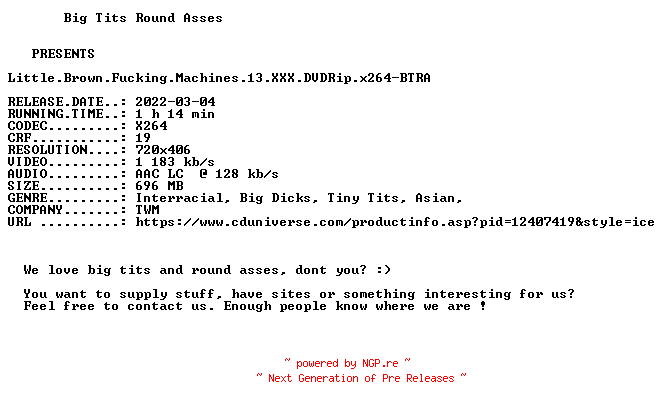 NFO for the release Little.Brown.Fucking.Machines.13.XXX.DVDRip.x264-BTRA by BTRA