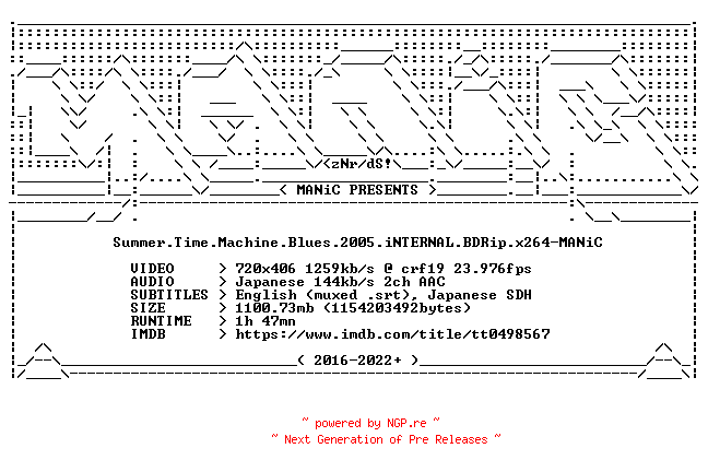 NFO for the release Summer.Time.Machine.Blues.2005.iNTERNAL.BDRip.x264-MANiC by MANiC