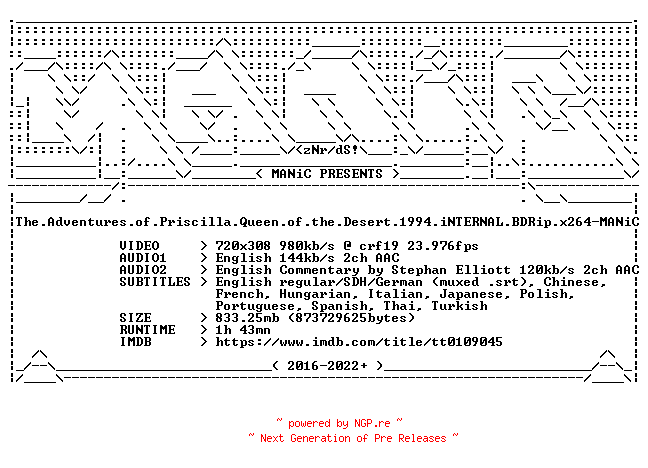NFO for the release The.Adventures.of.Priscilla.Queen.of.the.Desert.1994.iNTERNAL.BDRip.x264-MANiC by MANiC