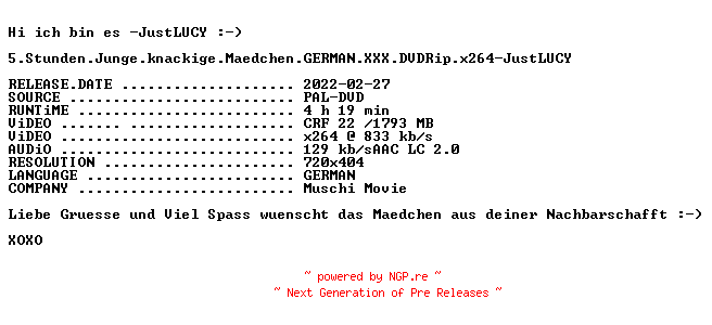 NFO for the release 5.Stunden.Junge.knackige.Maedchen.GERMAN.XXX.DVDRip.x264-JustLUCY by JustLUCY