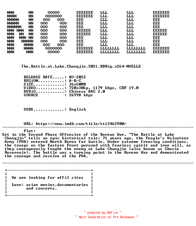 NFO for the release The.Battle.at.Lake.Changjin.2021.BDRip.x264-NOELLE by NOELLE