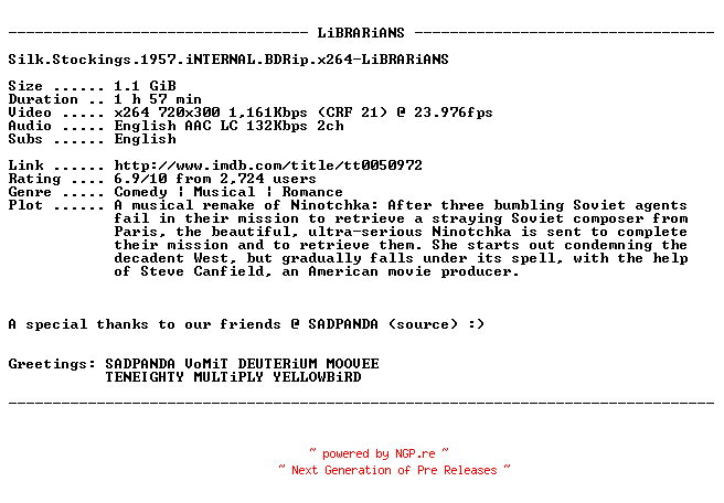 NFO for the release Silk.Stockings.1957.iNTERNAL.BDRip.x264-LiBRARiANS by LiBRARiANS
