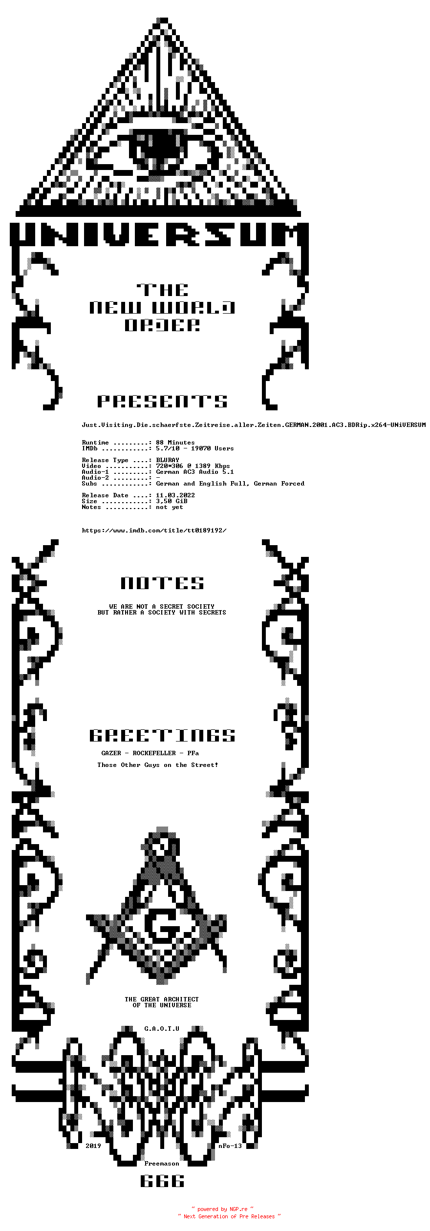 NFO for the release Just.Visiting.Die.schaerfste.Zeitreise.aller.Zeiten.GERMAN.2001.AC3.BDRip.x264-UNiVERSUM by UNiVERSUM