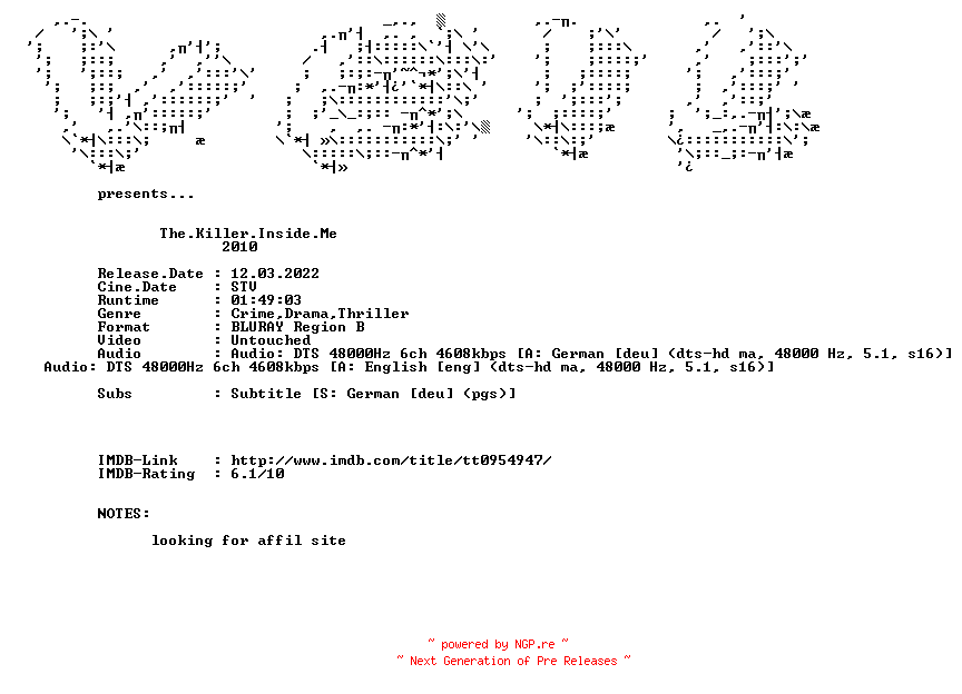 NFO for the release The.Killer.Inside.Me.2010.DUAL.COMPLETE.BLURAY.iNTERNAL-VEiL by VEiL