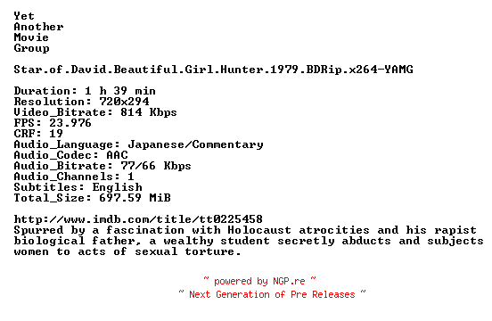 NFO for the release Star.of.David.Beautiful.Girl.Hunter.1979.BDRip.x264-YAMG by YAMG