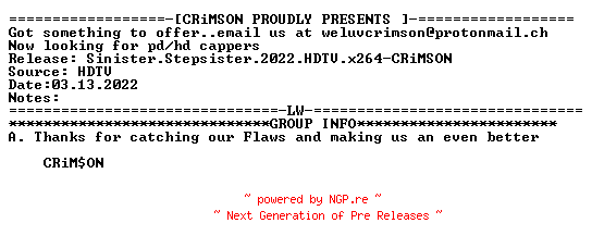 NFO for the release Sinister.Stepsister.2022.HDTV.x264-CRiMSON by CRiMSON