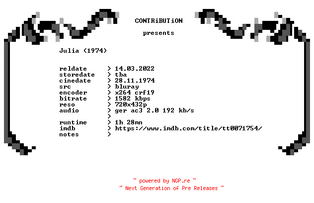 NFO for the release Julia.1974.German.BDRip.x264-CONTRiBUTiON by CONTRiBUTiON