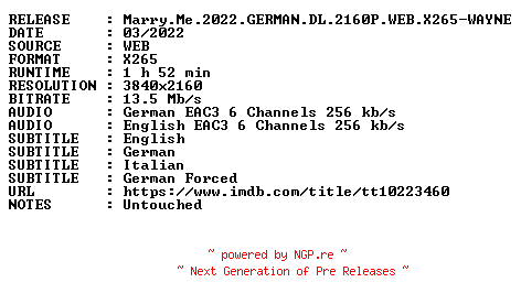NFO for the release Marry.Me.2022.GERMAN.DL.2160P.WEB.X265-WAYNE by WAYNE