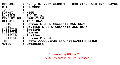 NFO for the release Marry.Me.2022.GERMAN.DL.HDR.2160P.WEB.X265-WAYNE by WAYNE
