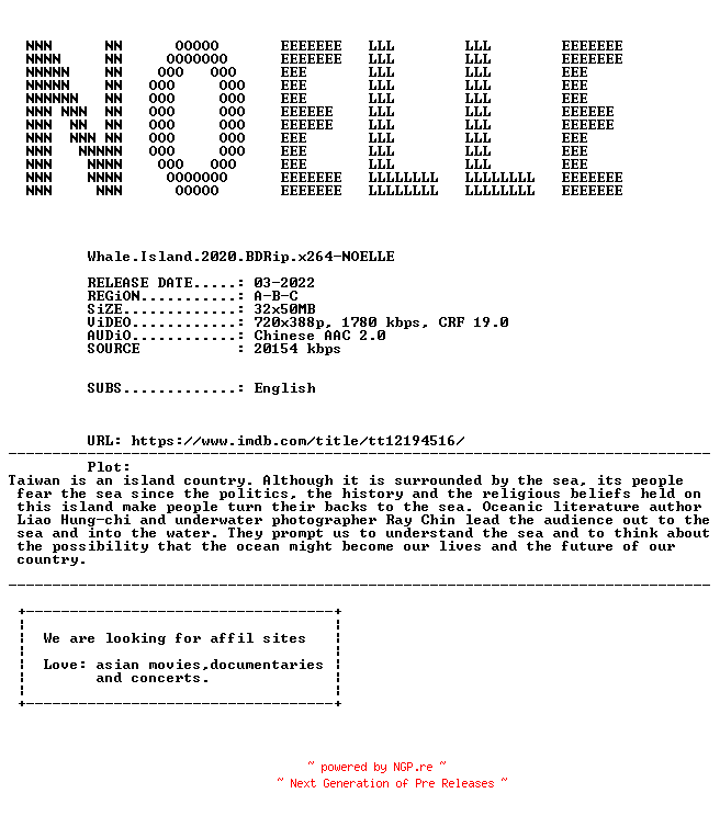 NFO for the release Whale.Island.2020.BDRip.x264-NOELLE by NOELLE