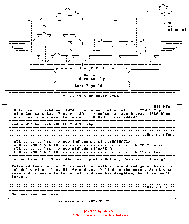 NFO for the release Stick.1985.DC.BDRIP.X264-WATCHABLE by WATCHABLE