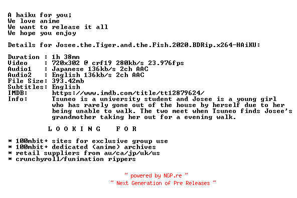NFO for the release Josee.the.Tiger.and.the.Fish.2020.BDRip.x264-HAiKU by HAiKU