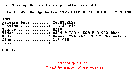 NFO for the release Tatort.E053.Mordgedanken.1975.GERMAN.FS.HDTVRip.x264-TMSF by TMSF