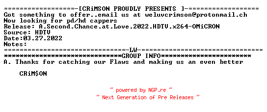 NFO for the release A.Second.Chance.at.Love.2022.HDTV.x264-OMiCRON by OMiCRON