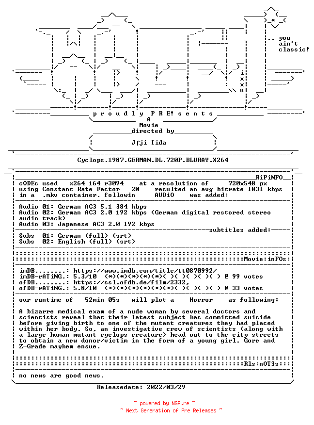 NFO for the release Cyclops.1987.GERMAN.DL.BDRIP.X264-WATCHABLE by WATCHABLE