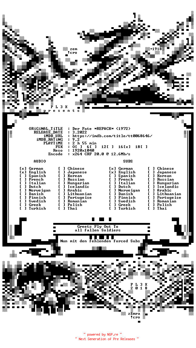 NFO for the release Der.Pate.1972.REMASTERED.German.DL.1080p.BluRay.x264.REPACK-PL3X by PL3X