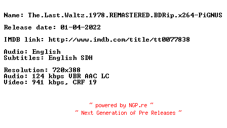 NFO for the release The.Last.Waltz.1978.REMASTERED.BDRip.x264-PiGNUS by PiGNUS