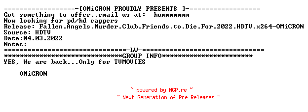 NFO for the release Fallen.Angels.Murder.Club.Friends.to.Die.For.2022.HDTV.x264-OMiCRON by OMiCRON