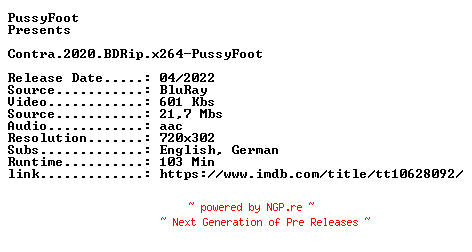 NFO for the release Contra.2020.BDRip.x264-PussyFoot by PussyFoot