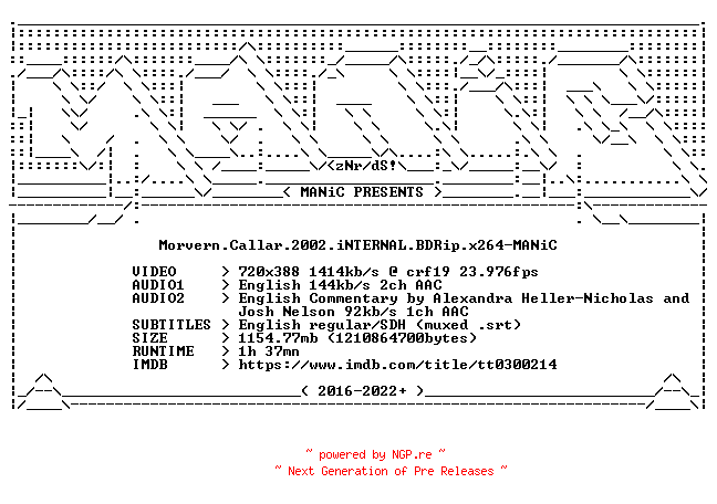 NFO for the release Morvern.Callar.2002.iNTERNAL.BDRip.x264-MANiC by MANiC
