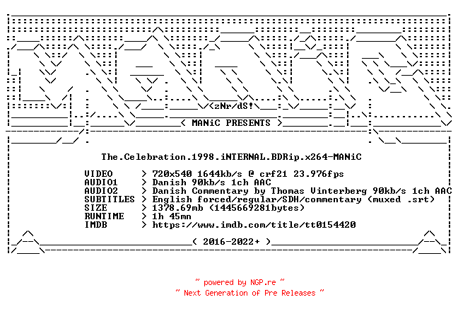 NFO for the release The.Celebration.1998.iNTERNAL.BDRip.x264-MANiC by MANiC
