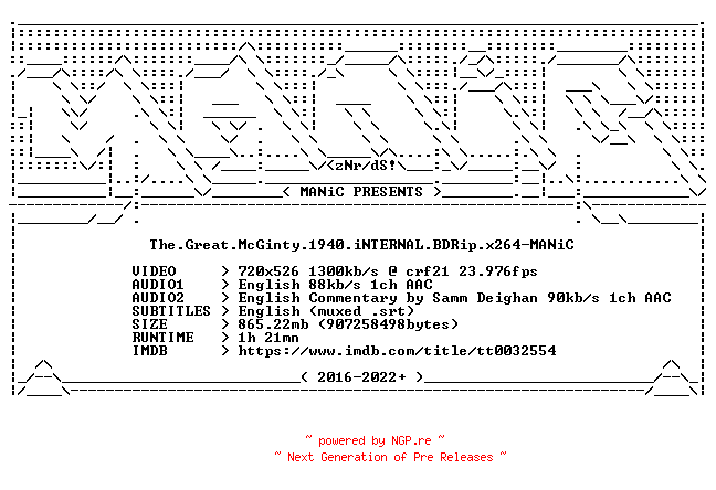 NFO for the release The.Great.McGinty.1940.iNTERNAL.BDRip.x264-MANiC by MANiC