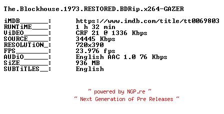 NFO for the release The.Blockhouse.1973.RESTORED.BDRip.x264-GAZER by GAZER