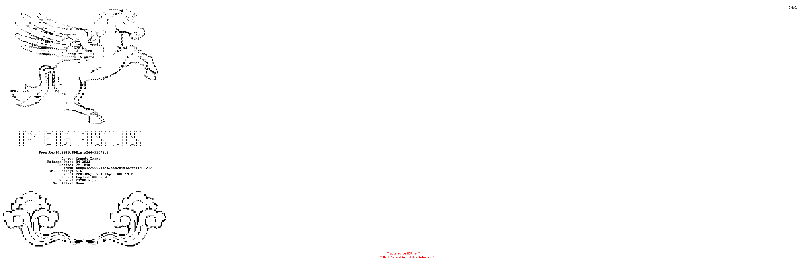 NFO for the release Peep.World.2010.iNTERNAL.BDRip.x264-PEGASUS by PEGASUS