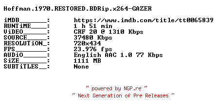 NFO for the release Hoffman.1970.RESTORED.BDRip.x264-GAZER by GAZER