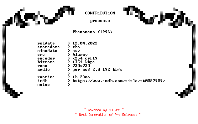 NFO for the release Phenomena.1985.CREEPERS.CUT.German.BDRip.x264-CONTRiBUTiON by CONTRiBUTiON
