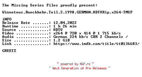 NFO for the release Winnetous.Rueckkehr.Teil.2.1998.GERMAN.HDTVRip.x264-TMSF by TMSF