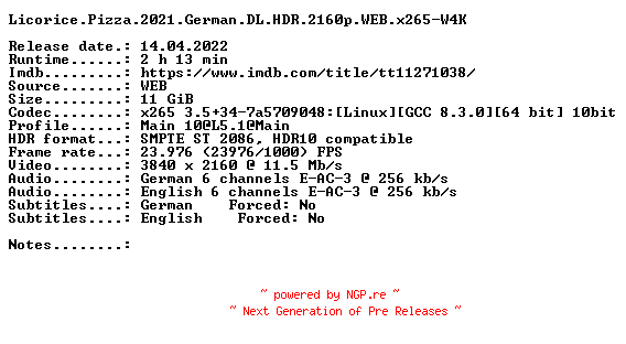 NFO for the release Licorice.Pizza.2021.German.DL.HDR.2160p.WEB.x265-W4K by W4K
