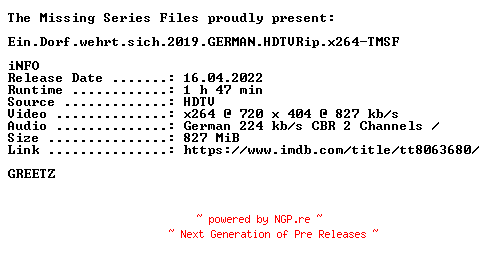 NFO for the release Ein.Dorf.wehrt.sich.2019.GERMAN.HDTVRip.x264-TMSF by TMSF