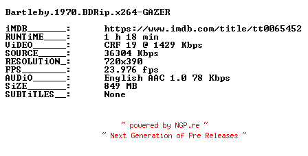 NFO for the release Bartleby.1970.BDRip.x264-GAZER by GAZER