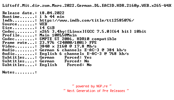 NFO for the release Liftoff.Mit.dir.zum.Mars.2022.German.DL.EAC3D.HDR.2160p.WEB.x265-W4K by W4K