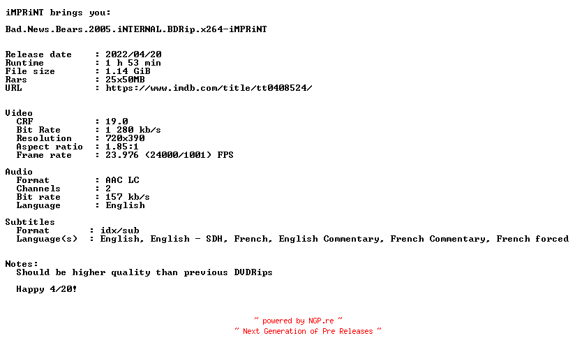 NFO for the release Bad.News.Bears.2005.iNTERNAL.BDRip.x264-iMPRiNT by iMPRiNT